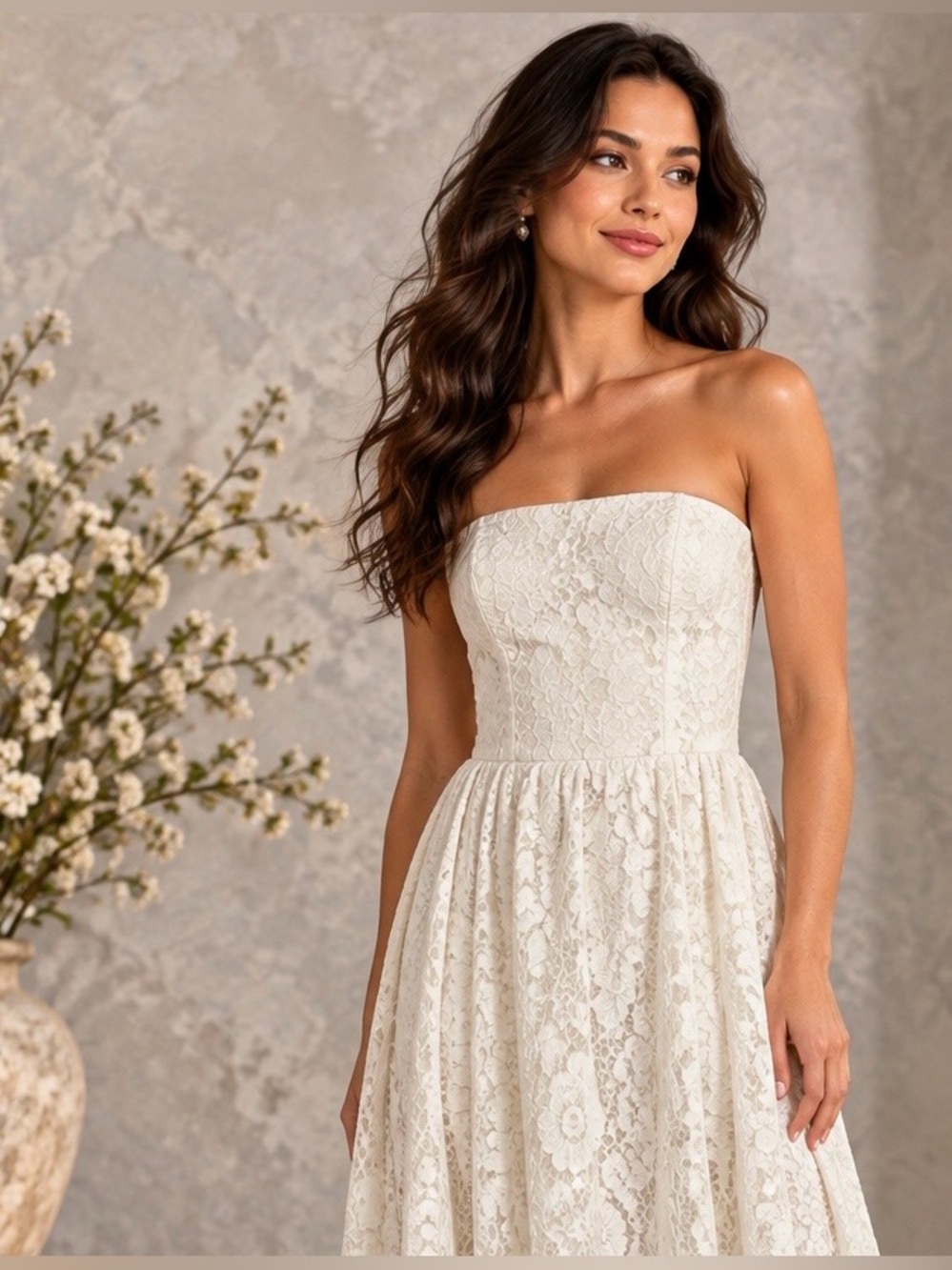 Elegant Strapless White Lace Maxi Dress size 2  with Button Back Closure